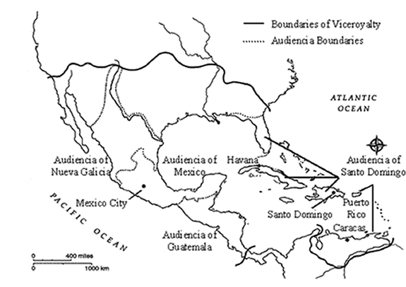 Map of colonial divisions in northern half of Latin America