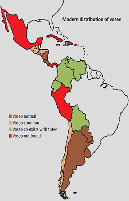 Map showing modern distribution of voseo